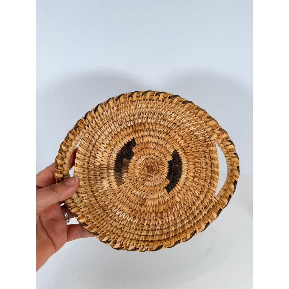 Small Woven Basket Trinket Dish with Handles Natural Raffia Black Vintage papago